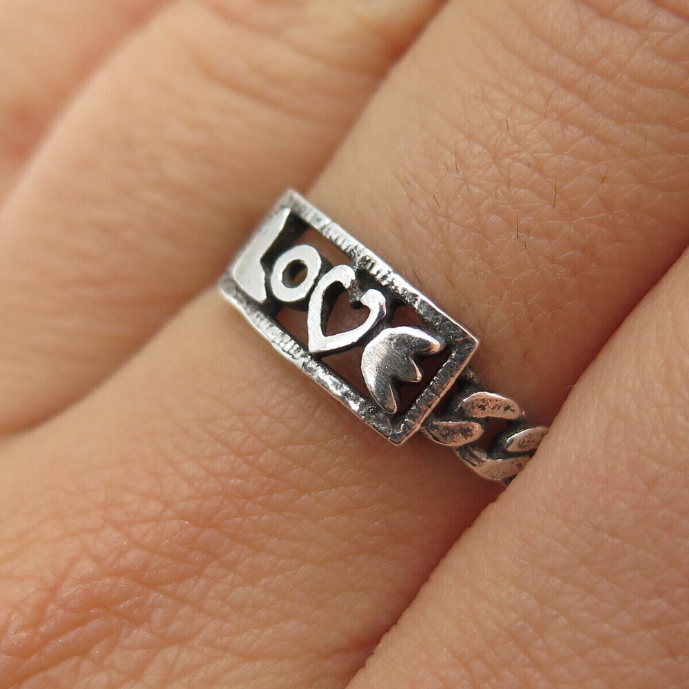 925 Sterling Silver Vintage Love Oxidized Cuban Link Ring Size 7.75